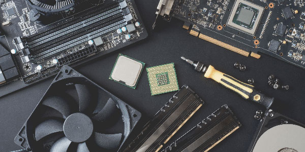 Components for PC including fan, RAM, disk drives